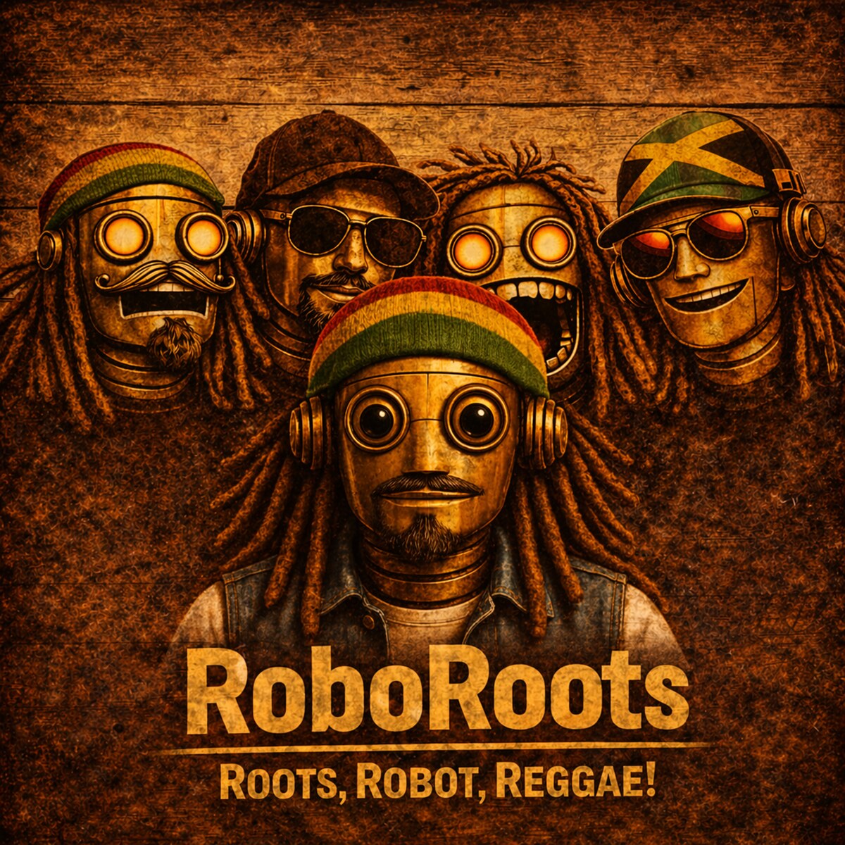 Album art for Roots, Robot, Reggae! featuring five RoboRoots band members